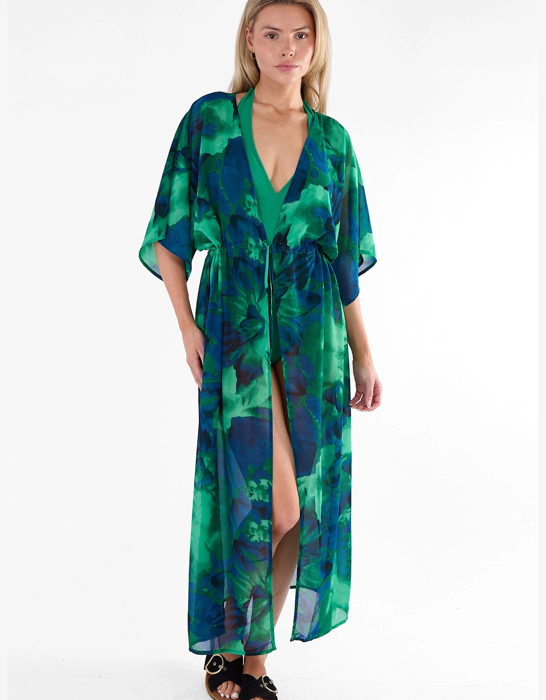 Green Flowy Open Front Beach Cover Kimono, 5 of 4