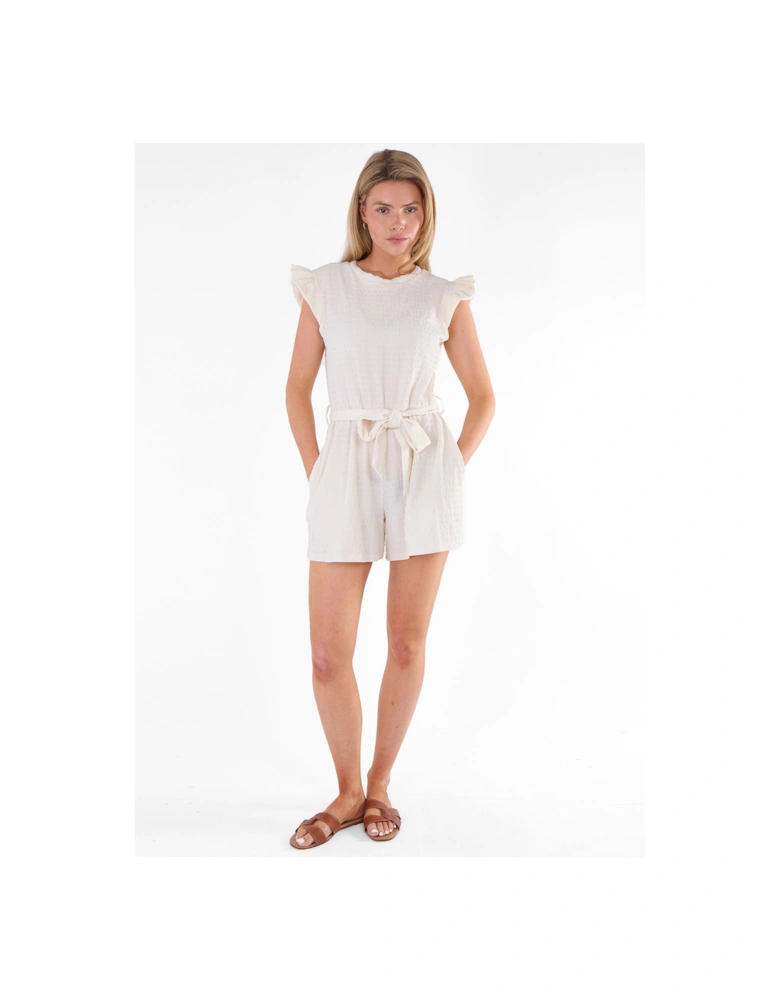 Cream Stretch Texture Frill Elasticated Waist Playsuit