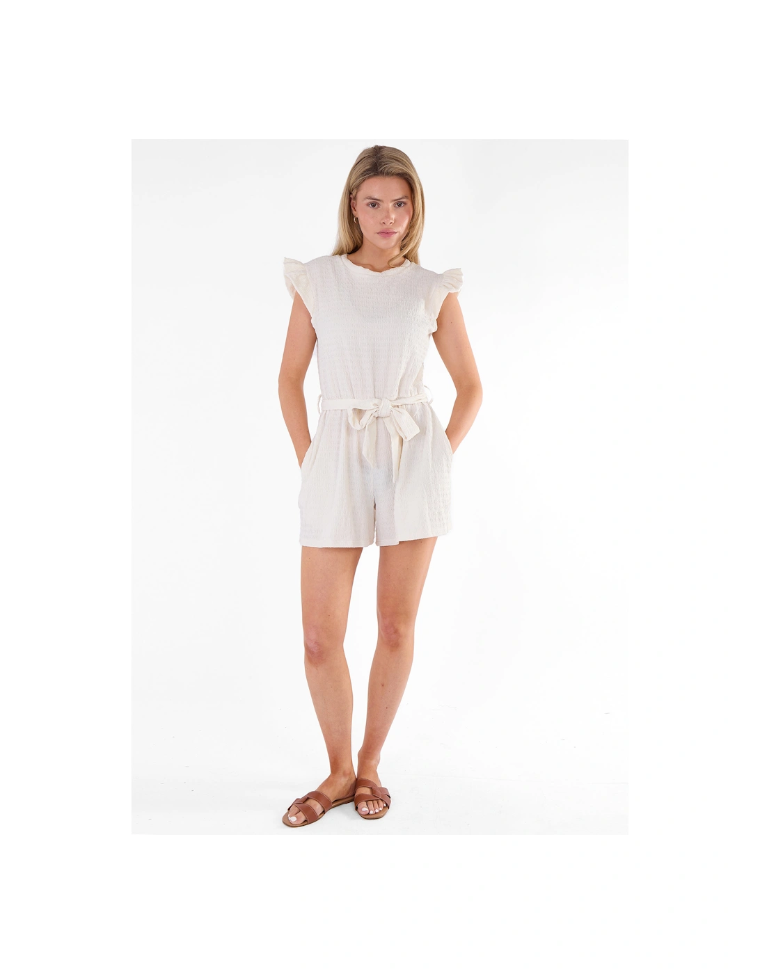 Cream Stretch Texture Frill Elasticated Waist Playsuit, 5 of 4