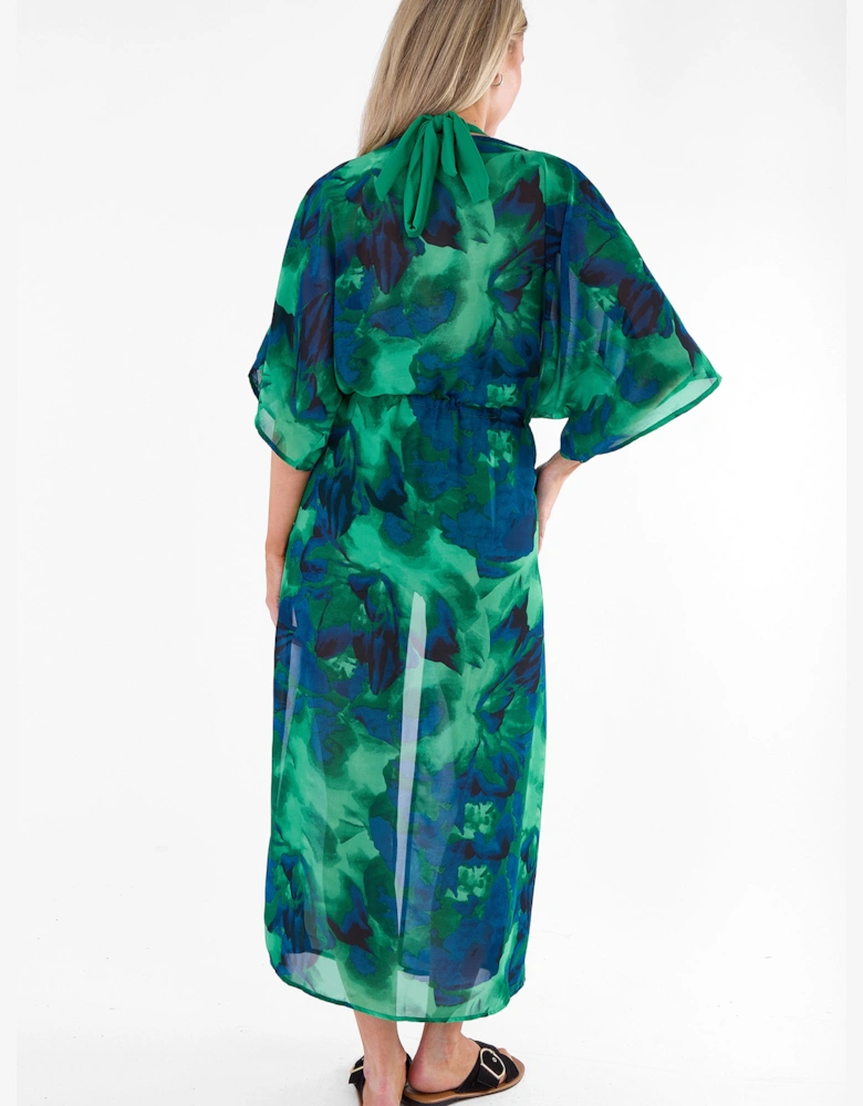 Green Flowy Open Front Beach Cover Kimono