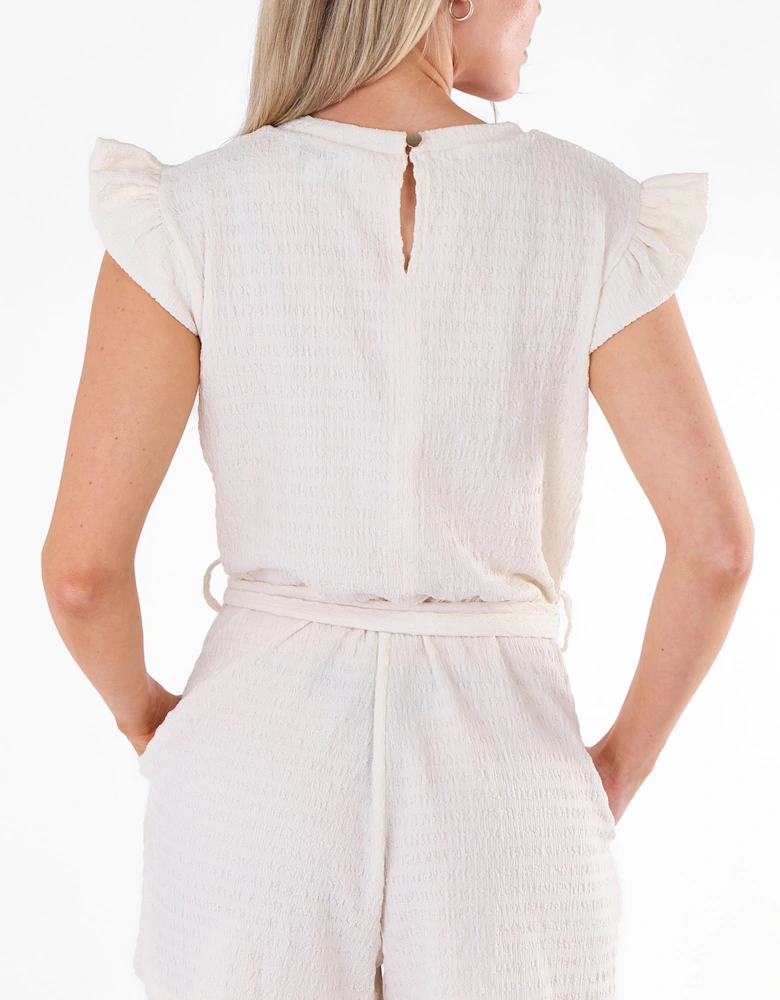 Cream Stretch Texture Frill Elasticated Waist Playsuit