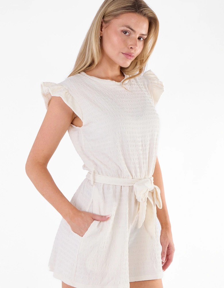 Cream Stretch Texture Frill Elasticated Waist Playsuit