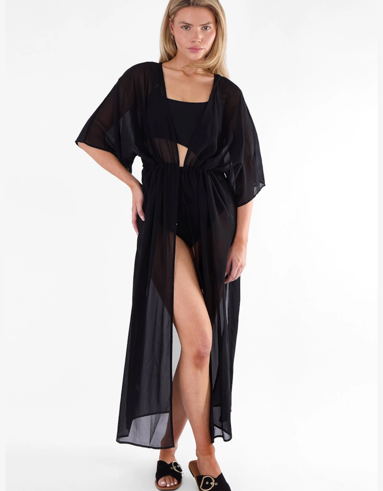 Black Flowy Open Front Beach Cover Kimono