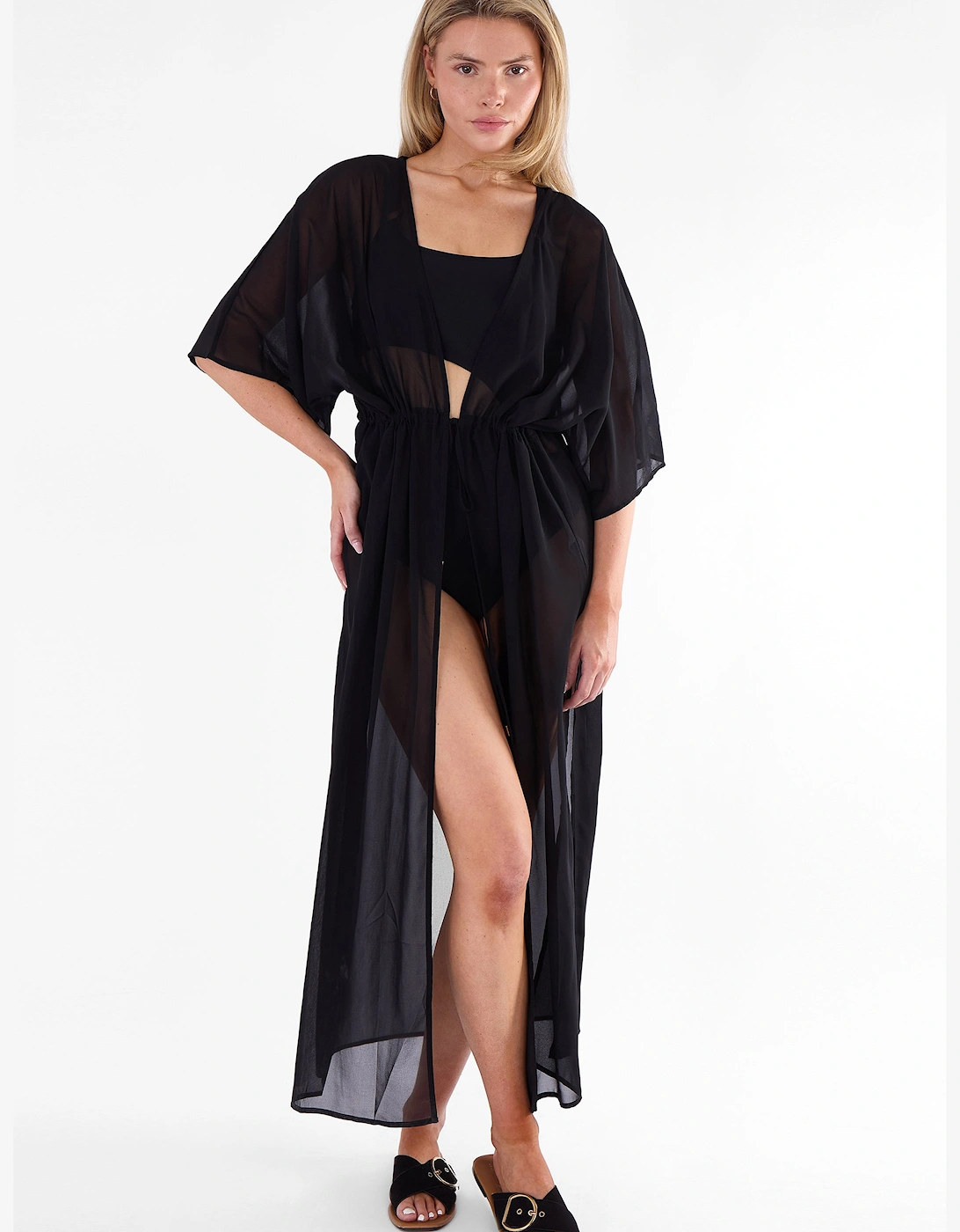 Black Flowy Open Front Beach Cover Kimono, 5 of 4