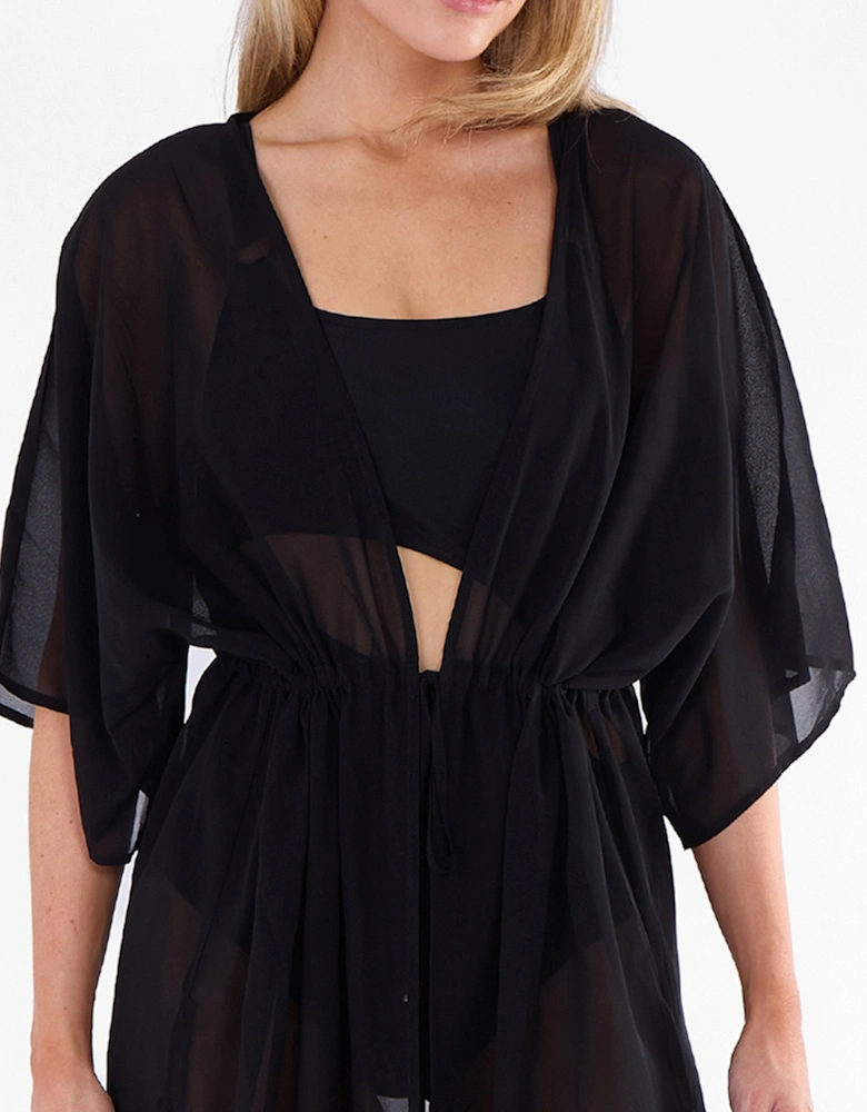 Black Flowy Open Front Beach Cover Kimono