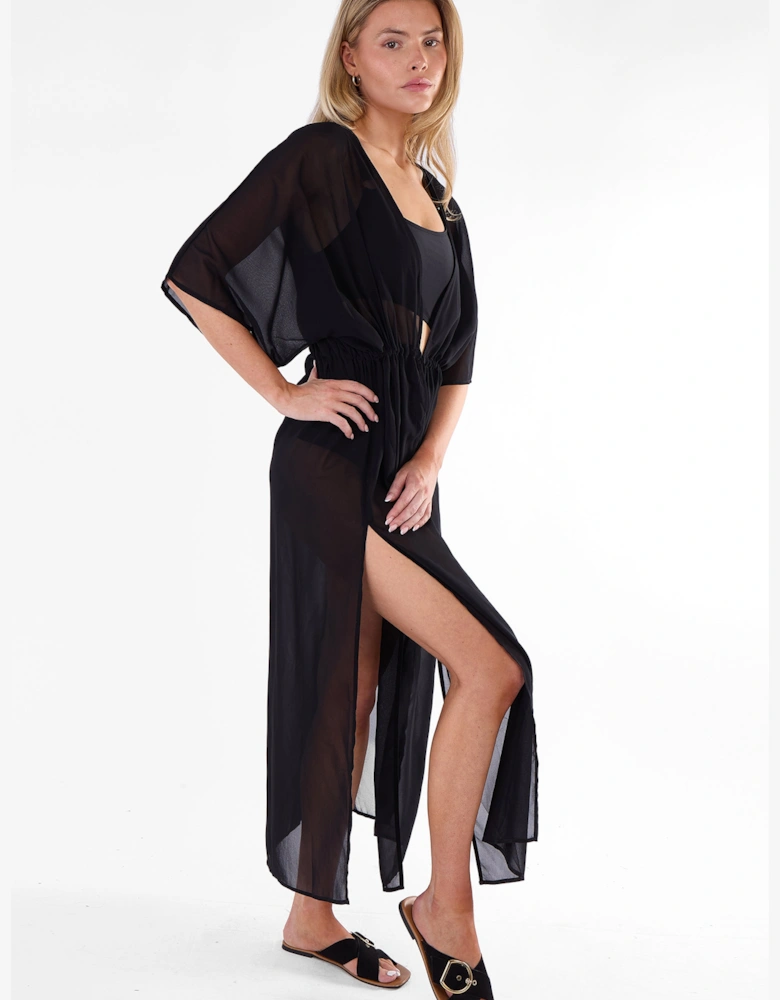 Black Flowy Open Front Beach Cover Kimono