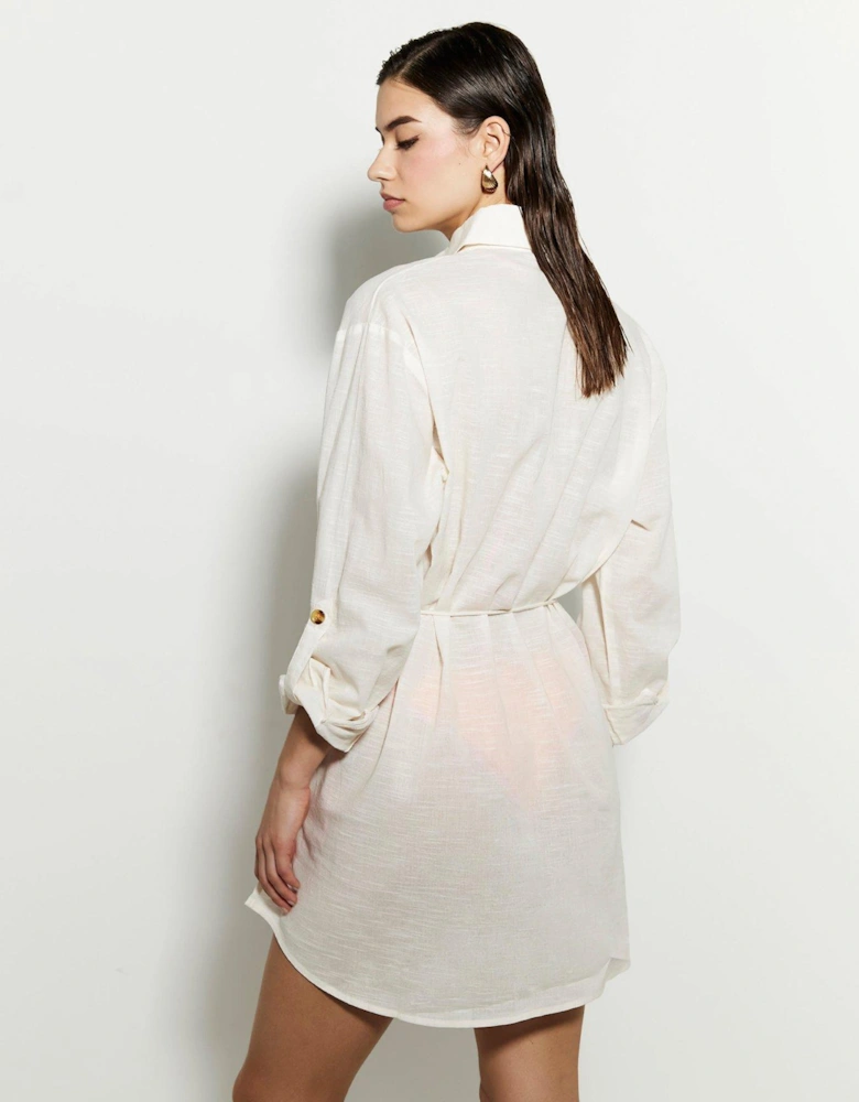 Floral Placement Shirt Dress - Cream