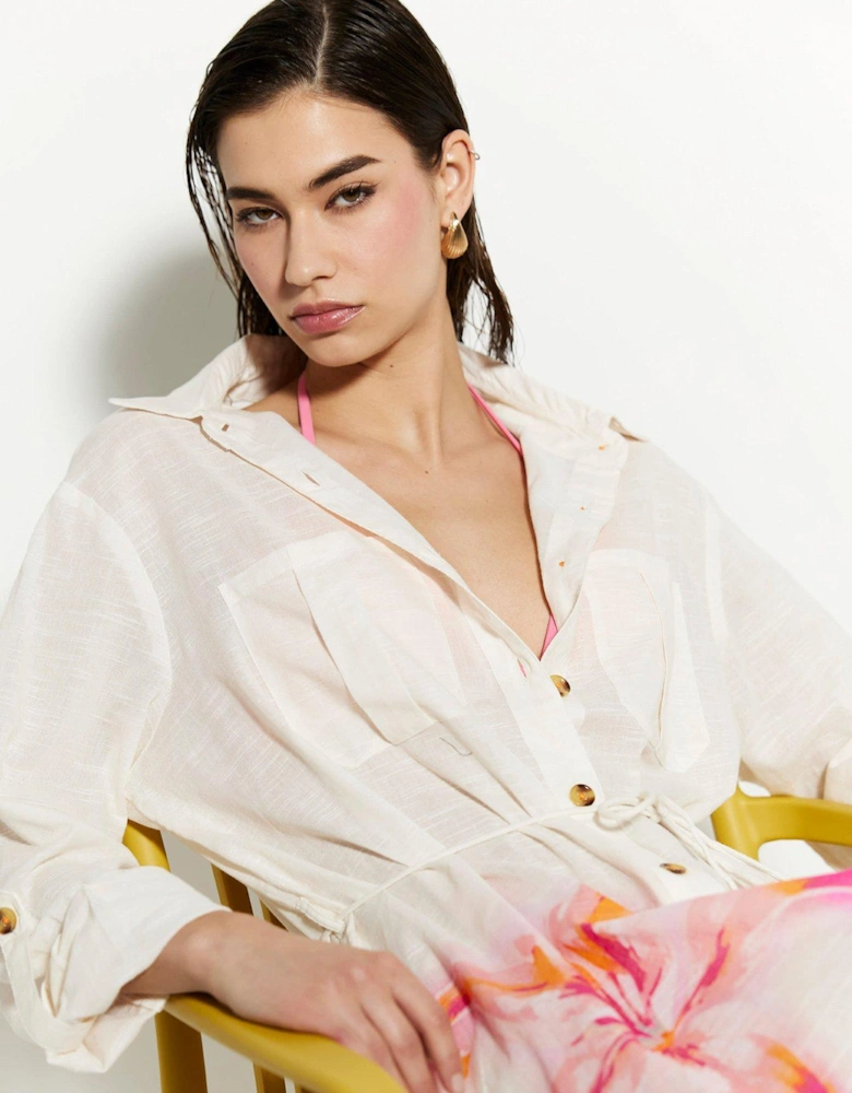 Floral Placement Shirt Dress - Cream