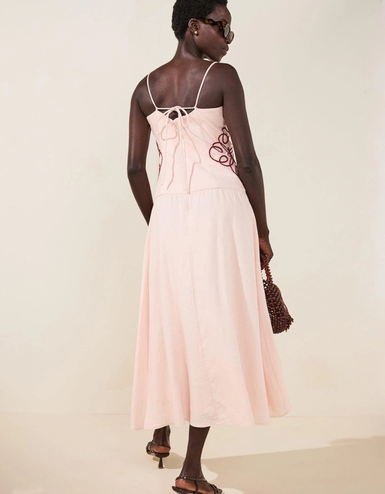 Arabelle Applique Linen Midi Dress - Pink