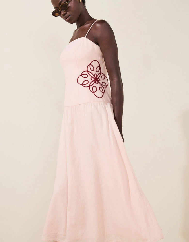 Arabelle Applique Linen Midi Dress - Pink