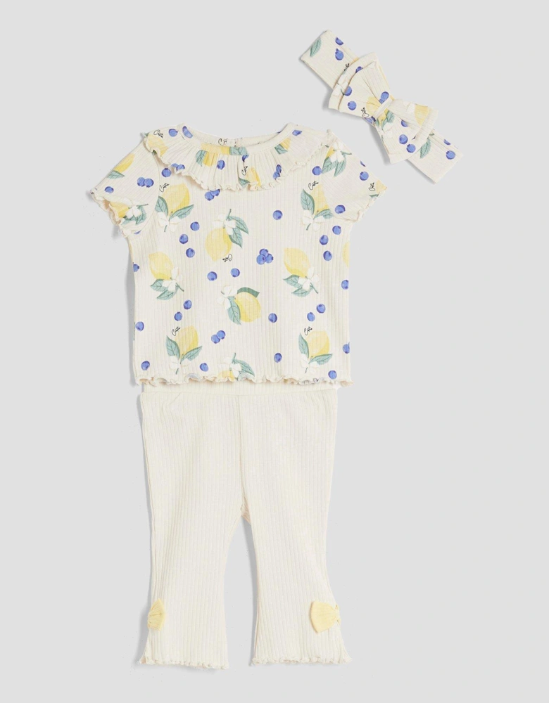 Girls Lemon Print 3 Piece Set - Beige