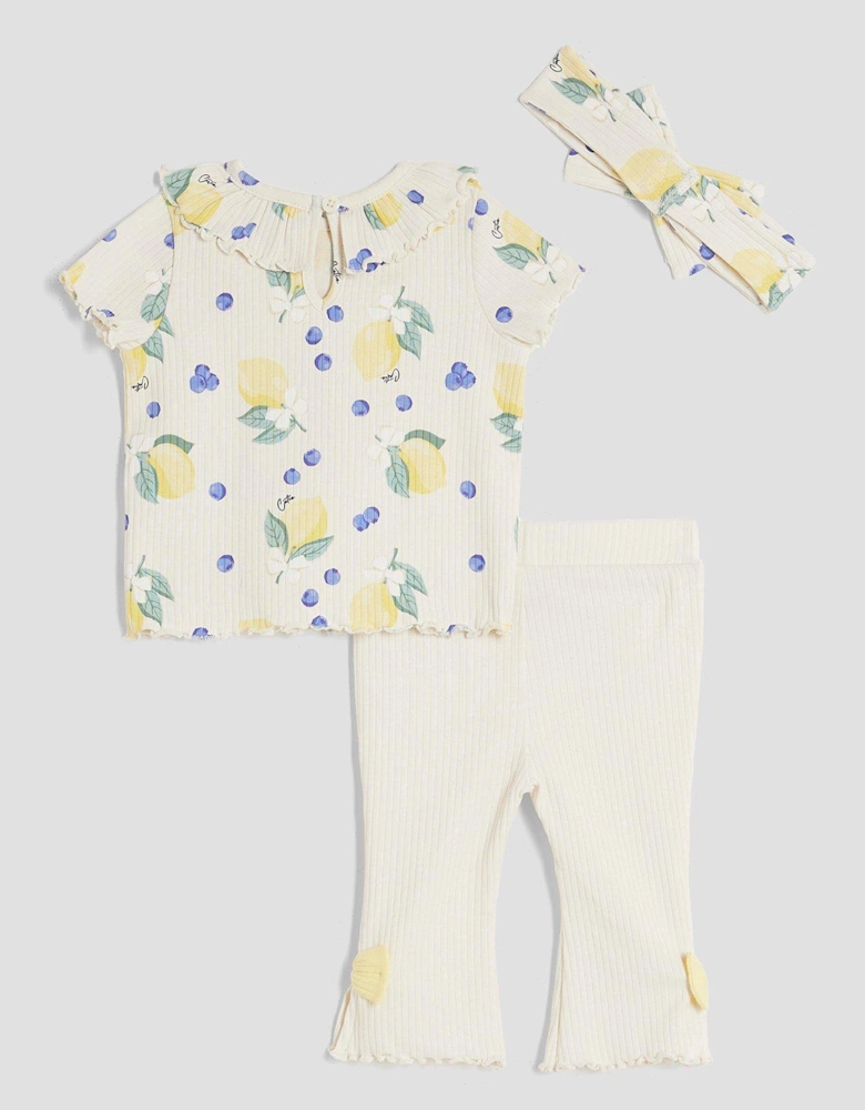 Girls Lemon Print 3 Piece Set - Beige