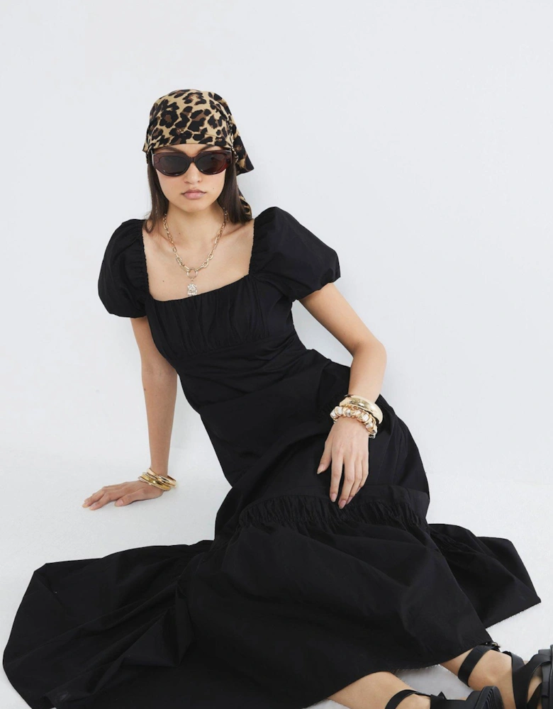 Puff Sleeve Tea Mid Dress - Black