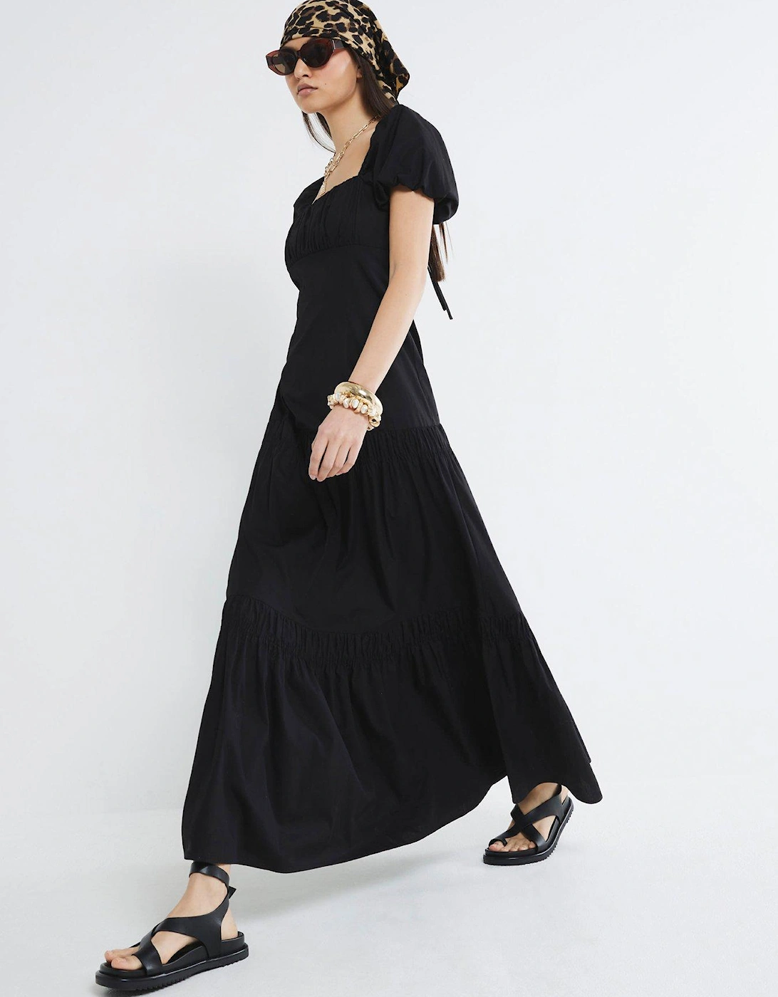 Puff Sleeve Tea Mid Dress - Black