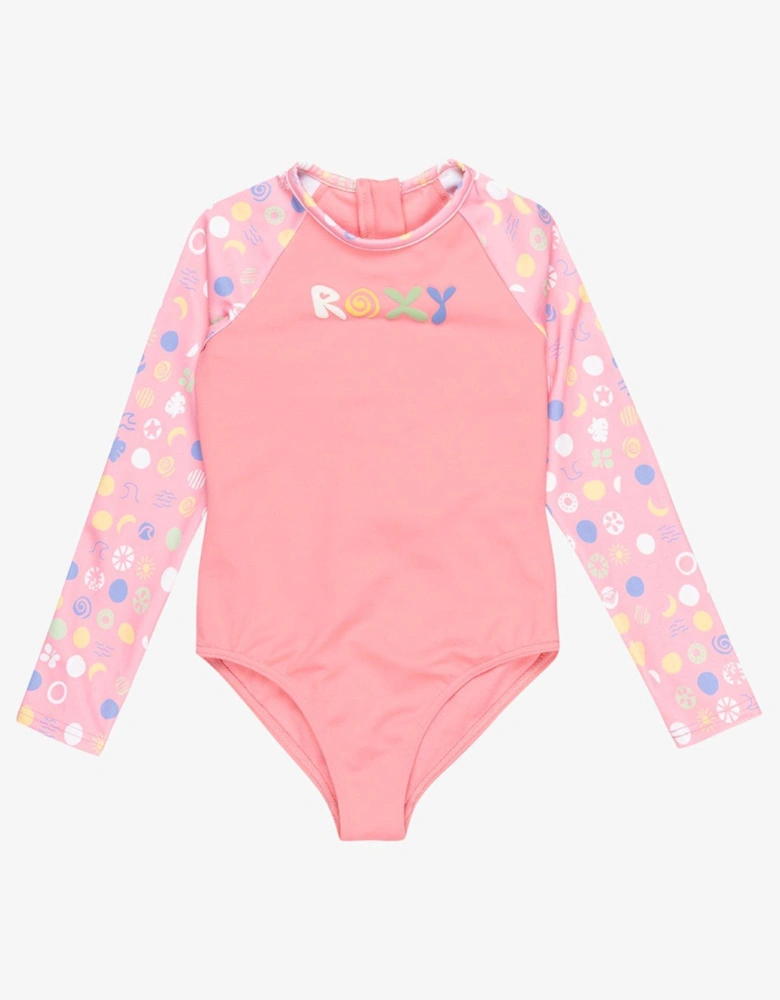 Girls Dot All-In-One Rashguard Swimsuit - Pink