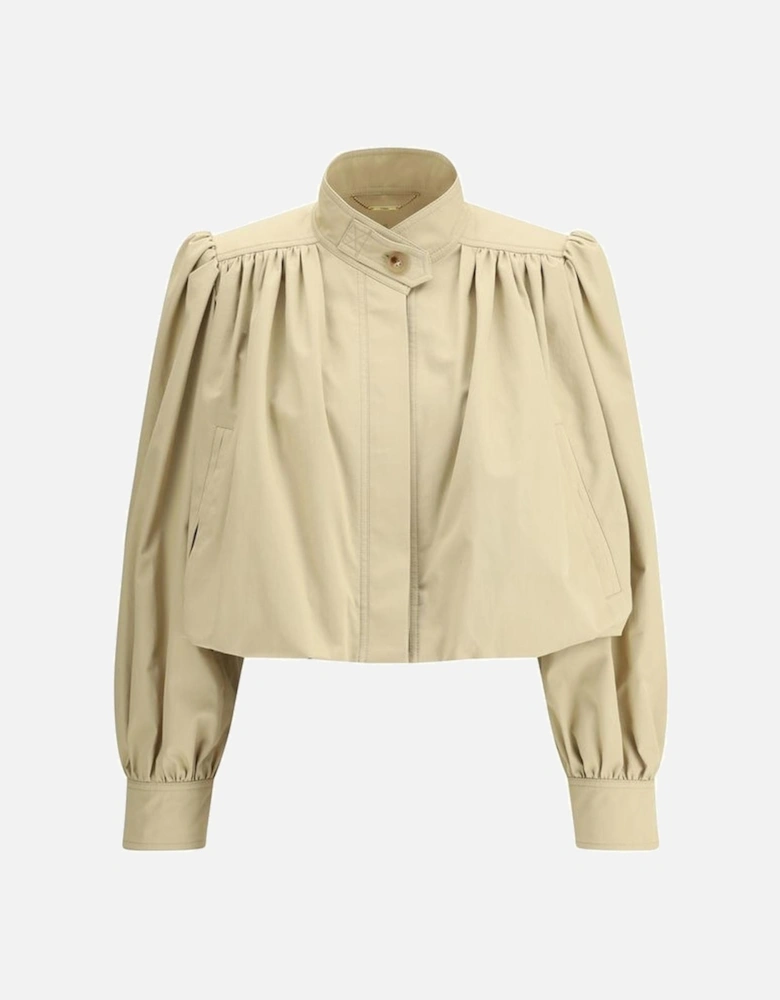 Cropped Oversized Cotton Jacket with Ruffle Details Women - Beige