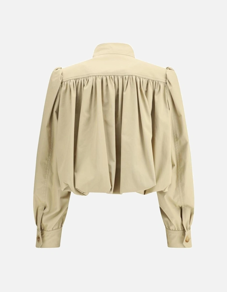 Cropped Oversized Cotton Jacket with Ruffle Details Women - Beige