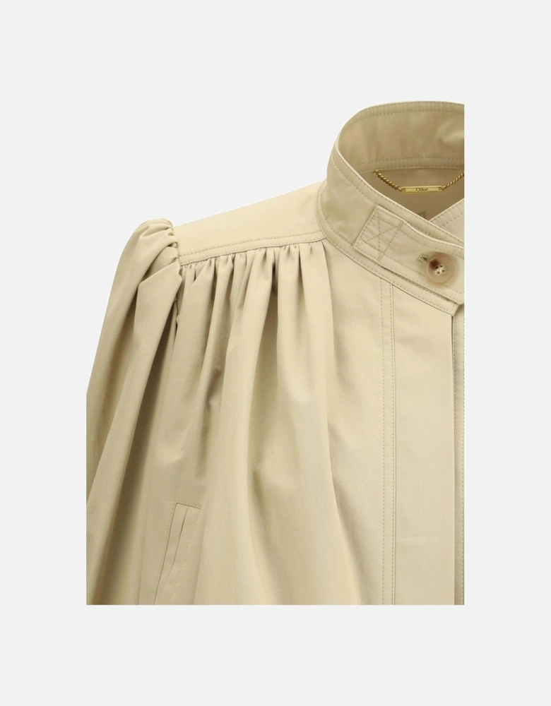 Cropped Oversized Cotton Jacket with Ruffle Details Women - Beige