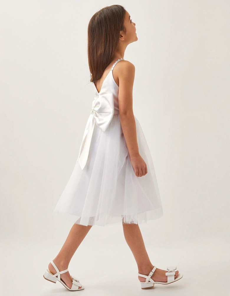 Girls Pearl Embellished Bow Dress - Light Cream