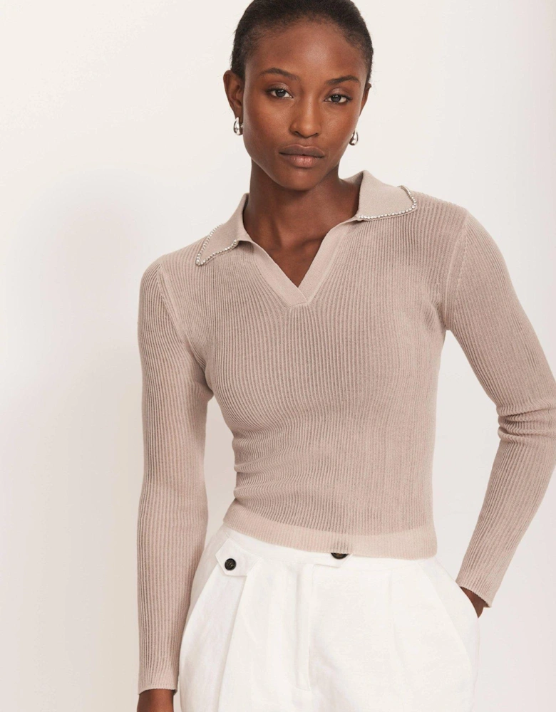 Neutral Embellished Knit Shirt
