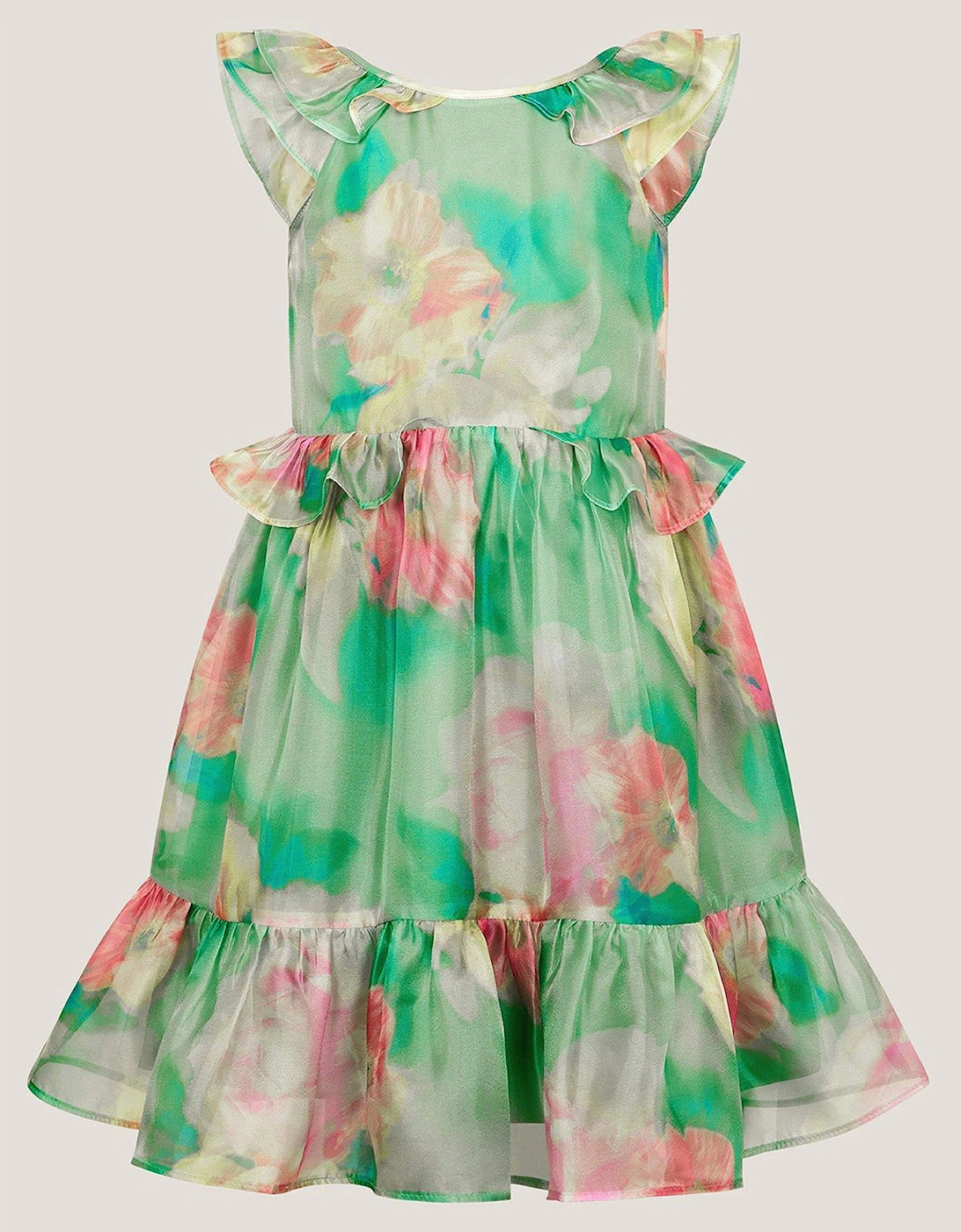 Girls Blurry Floral Organza Ruffle Dress - Green, 2 of 1