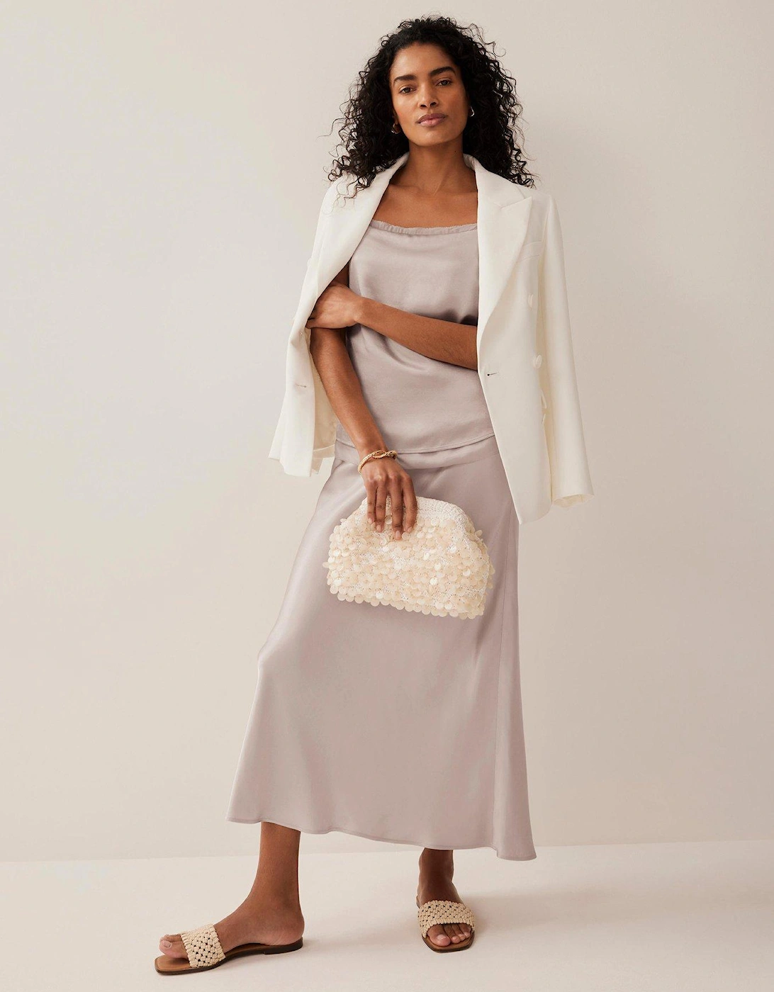 Neutral Satin Slip Midi Skirt, 2 of 1