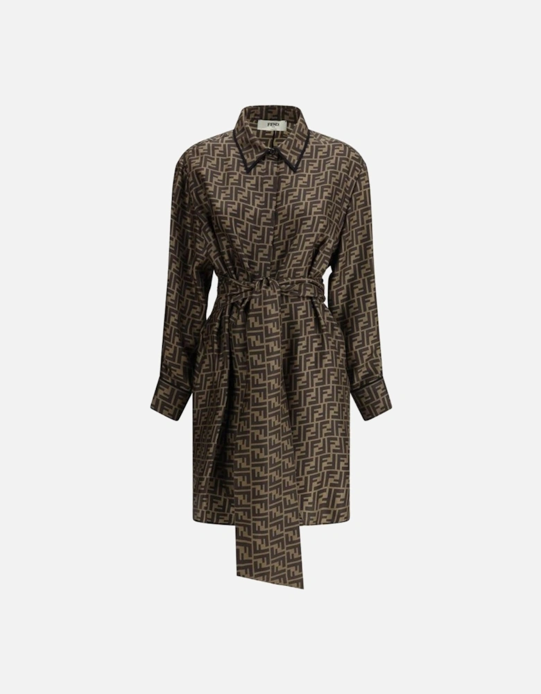 Elegant Midi Shirt Dress with FF Pattern Women - Brown Dresses