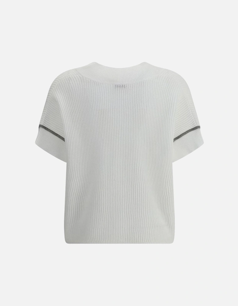 V-Neck Ribbed Cotton Sweater with Jewel Details Women - White