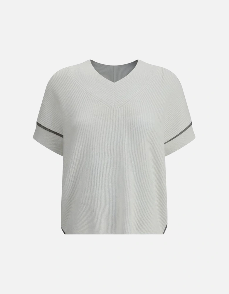 V-Neck Ribbed Cotton Sweater with Jewel Details Women - White