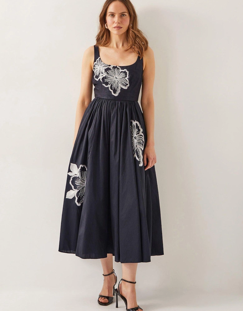 Sophie Embroidered Fit & Flare Midi Dress - Black