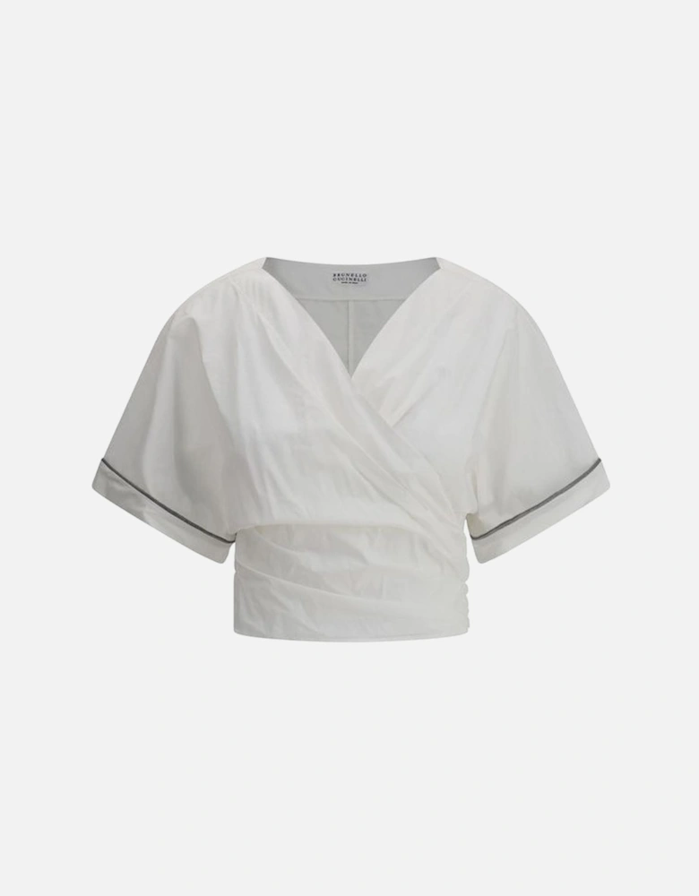 V-Neck Blouse with Buckle-Knotted Waist and Jeweled Details Women -