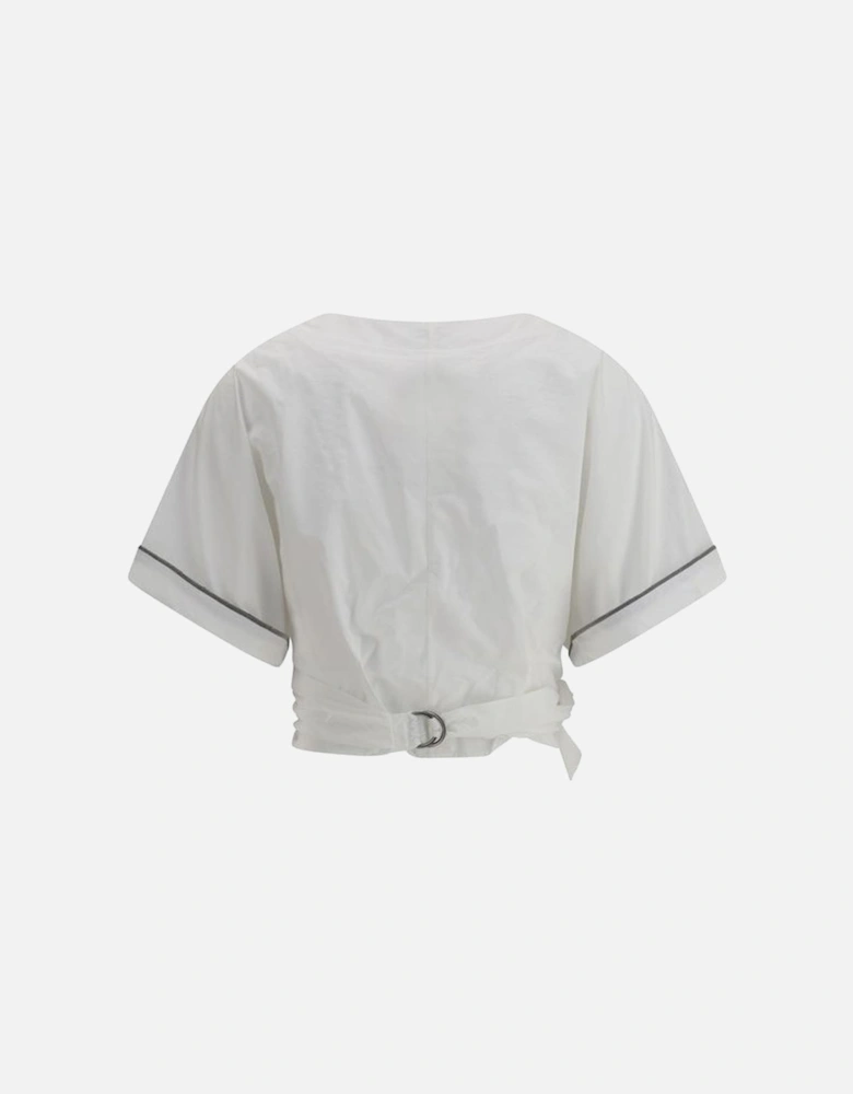 V-Neck Blouse with Buckle-Knotted Waist and Jeweled Details Women -