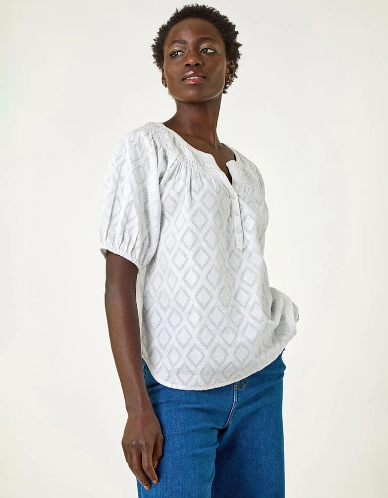 Shirred Neck Textured Top - White