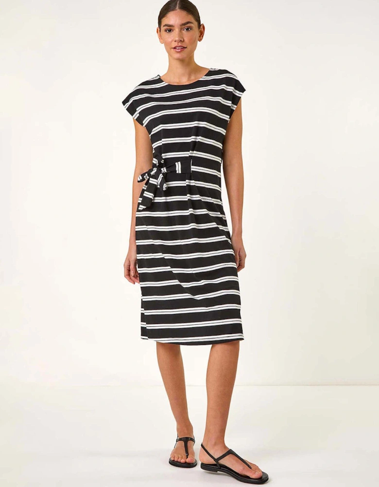 Stripe Tie Side Stretch Midi Dress - Black