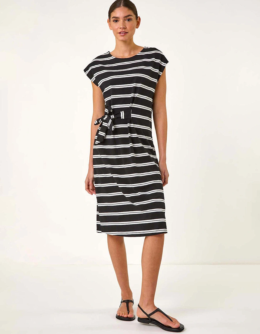Stripe Tie Side Stretch Midi Dress - Black, 2 of 1