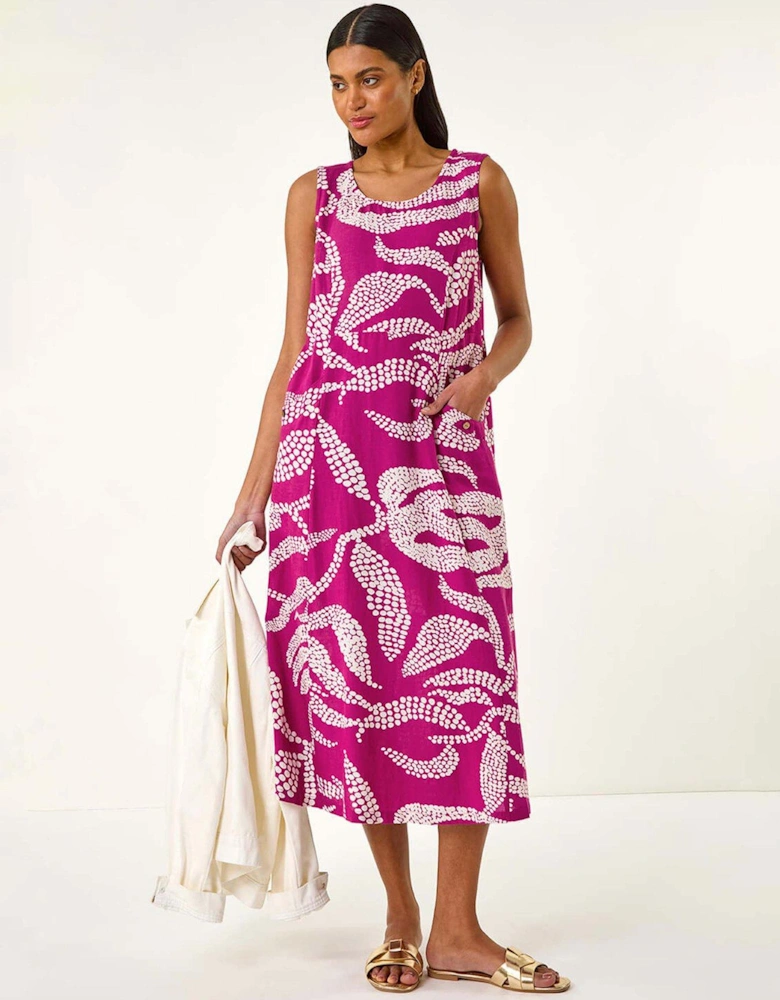 Leaf Print Shift Midi Dress - Purple