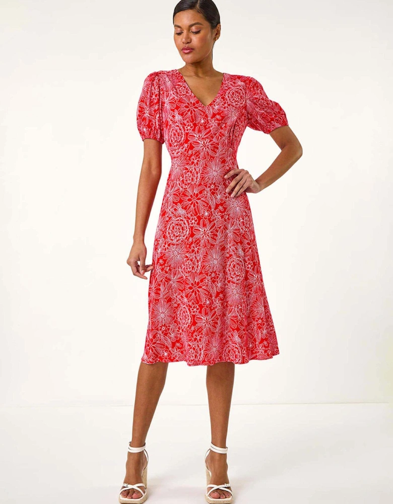 Floral Midi Tea Dress - Red