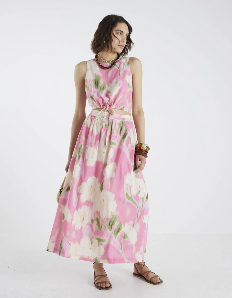 Linen Blend Floral Print Midi Skirt