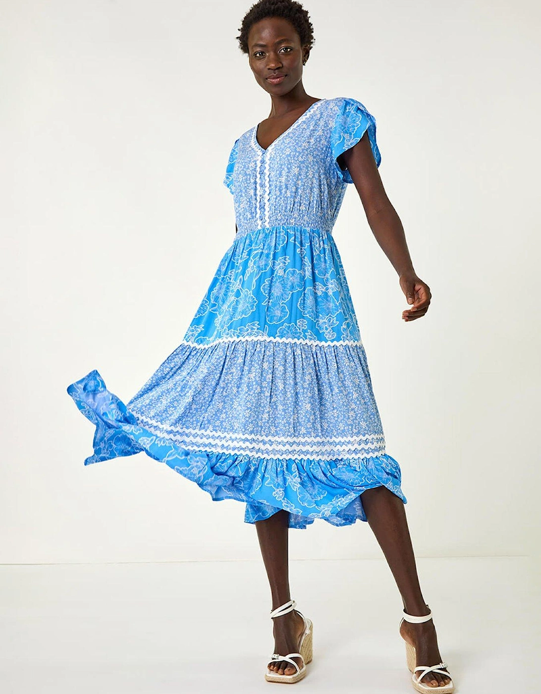 Floral Mix Print Ric Rac Midi Dress - Blue, 2 of 1