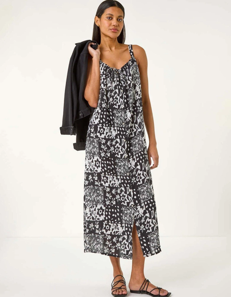 Abstract Gathered Strappy Midi Dress - Black