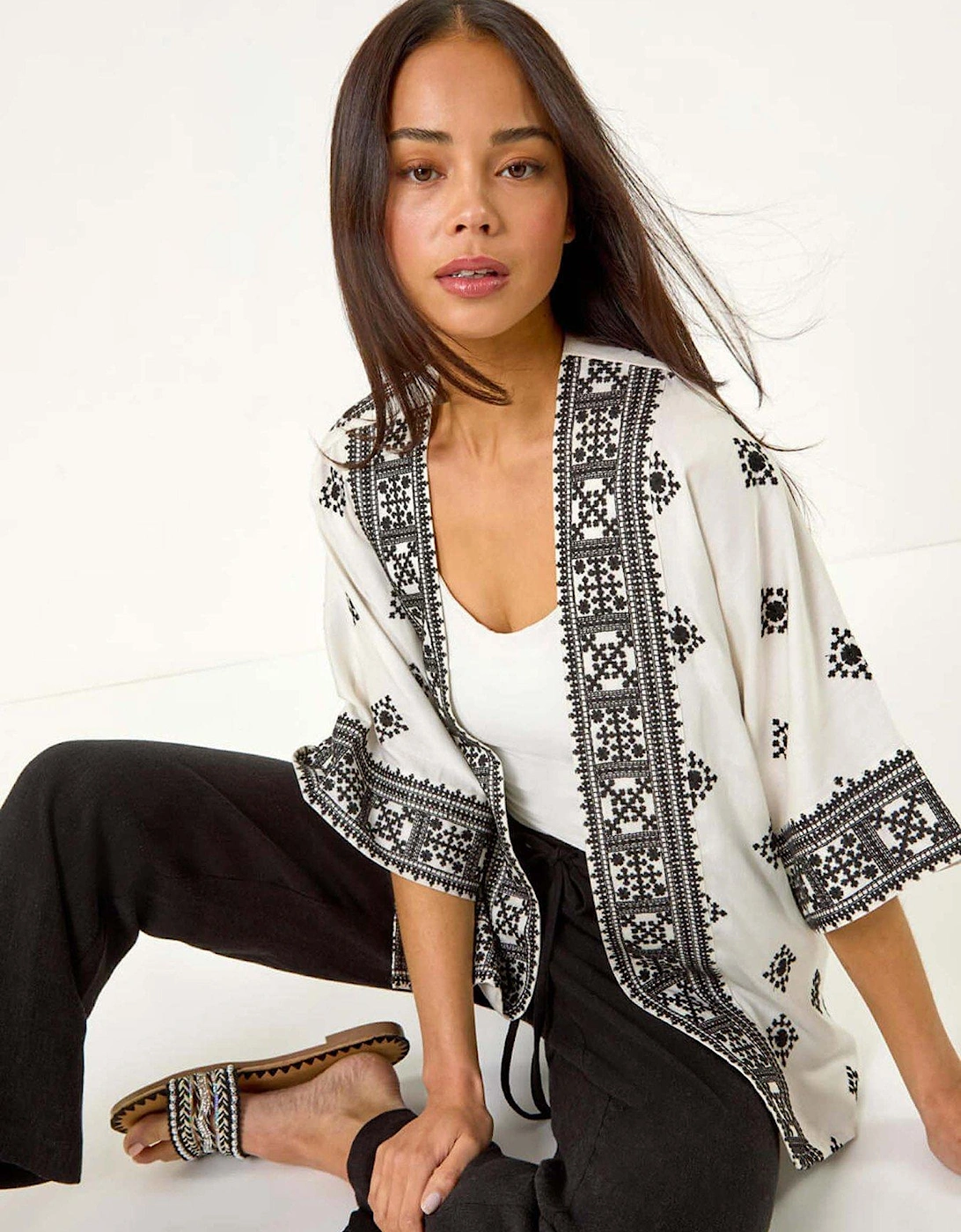 Petite Abstract Embroidered Kimono - White, 2 of 1