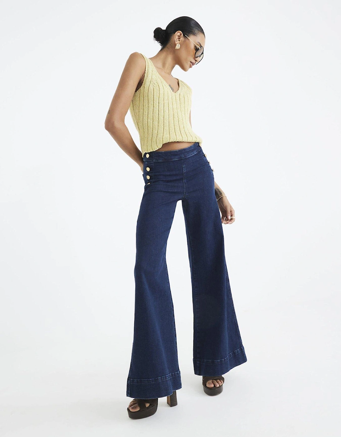 High Rise Palazzo Button Detail Jeans, 2 of 1