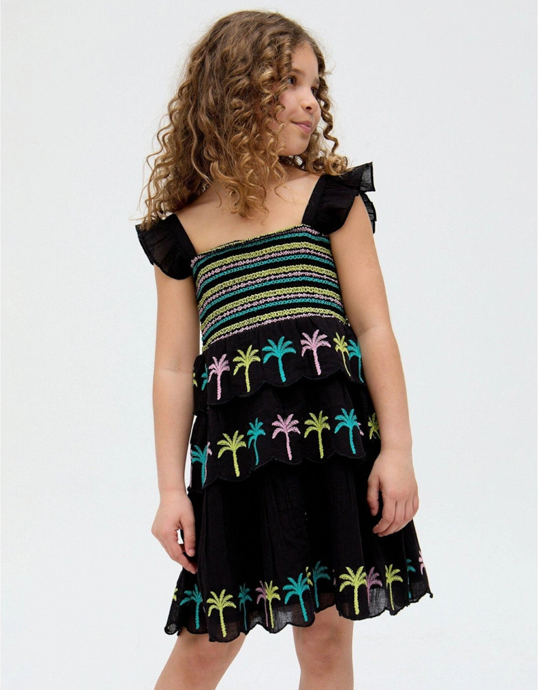 Girls Ruffle Embroidery Placement Dress - Blue