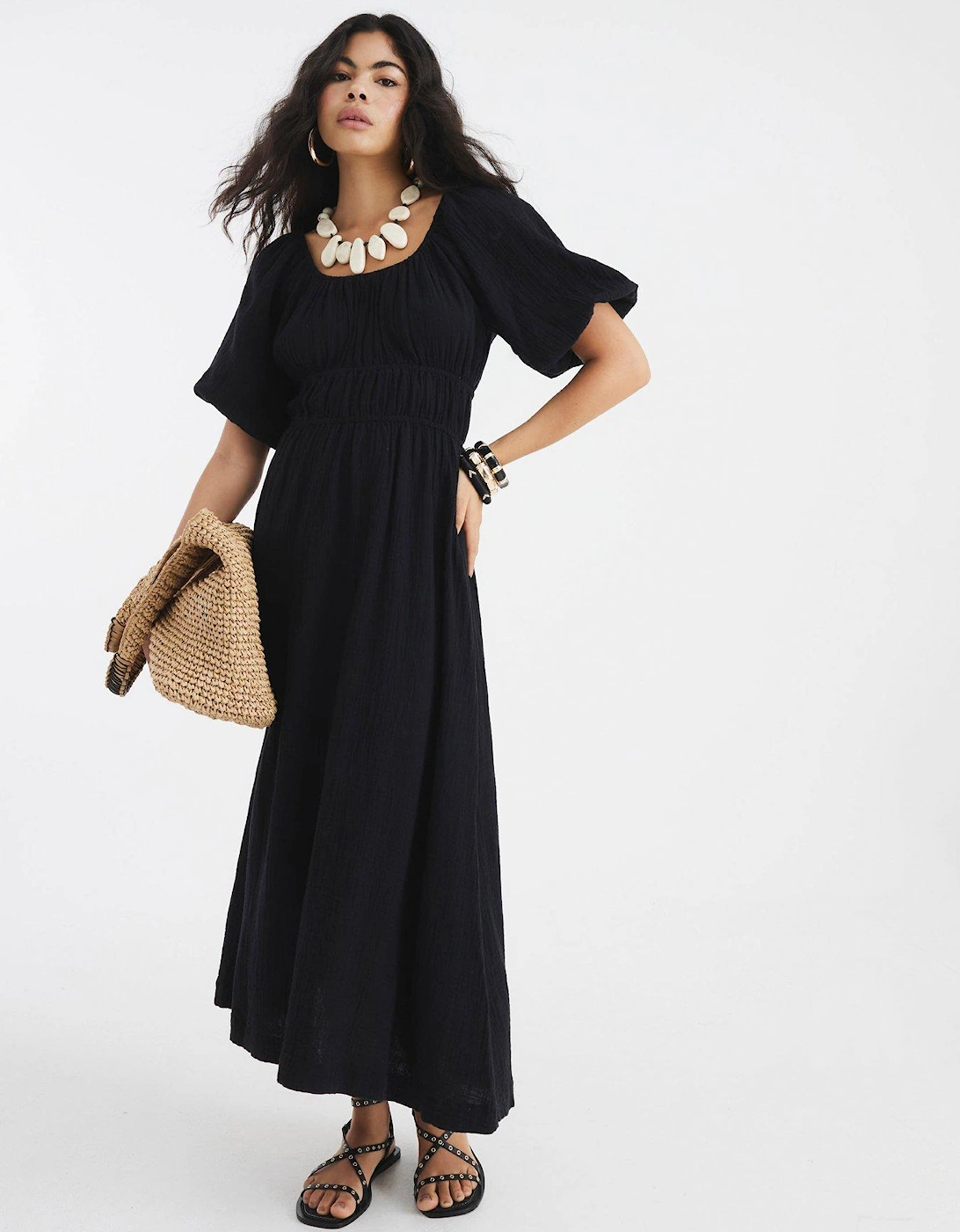 Short Sleeve Linen Midi Dress - Black, 2 of 1