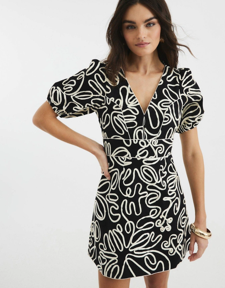 Puff Sleeve Floral Mini Dress - Black