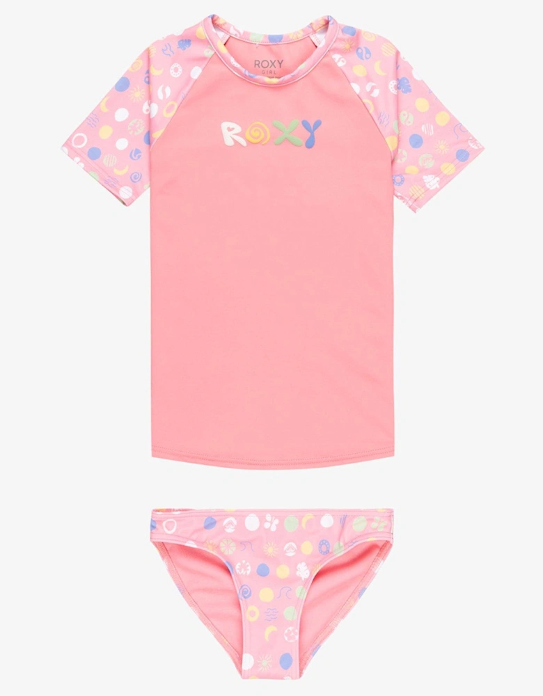 Girls Dot Short Sleeve Lycra Rashguard Set - Pink