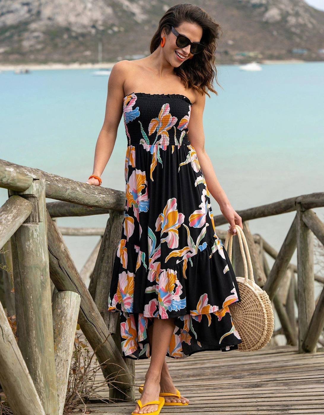 Strapless Asymmetric Tiered Woven Maxi Dress - Black/Multi, 2 of 1