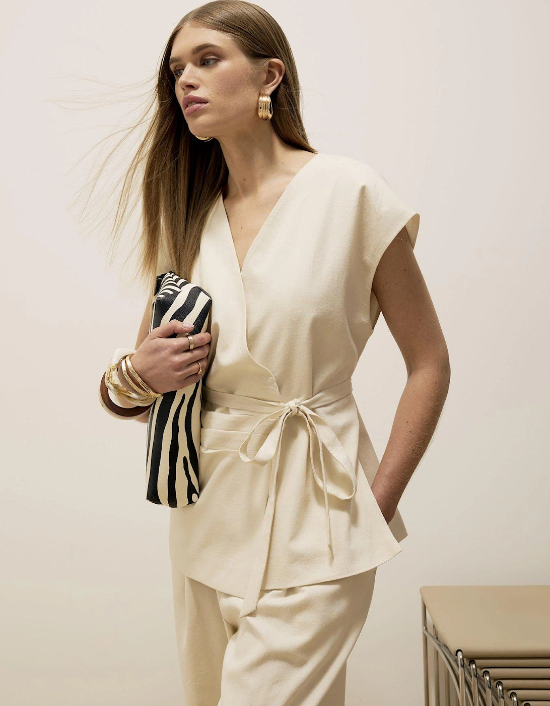 Beige Off Shoulder Wrap Tie Tunic Top, 2 of 1