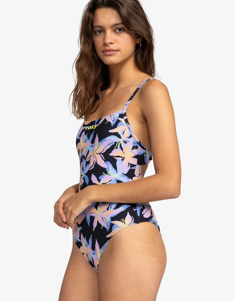 Womens Active One Piece Stretch Fabric Swimsuit - Charcoal