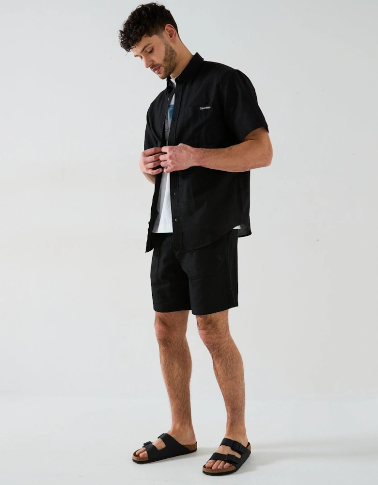 Linen Cotton Short Sleeve Shirt - Black